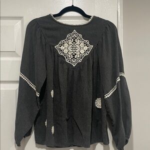 Zara Black Blouse with Cream Lace Details